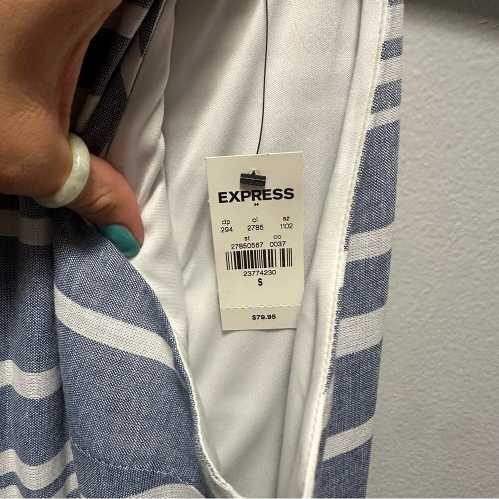Express white/blue cotton blend striped wide leg high neck jumpsuit NWT Size S - Picture 5 of 9